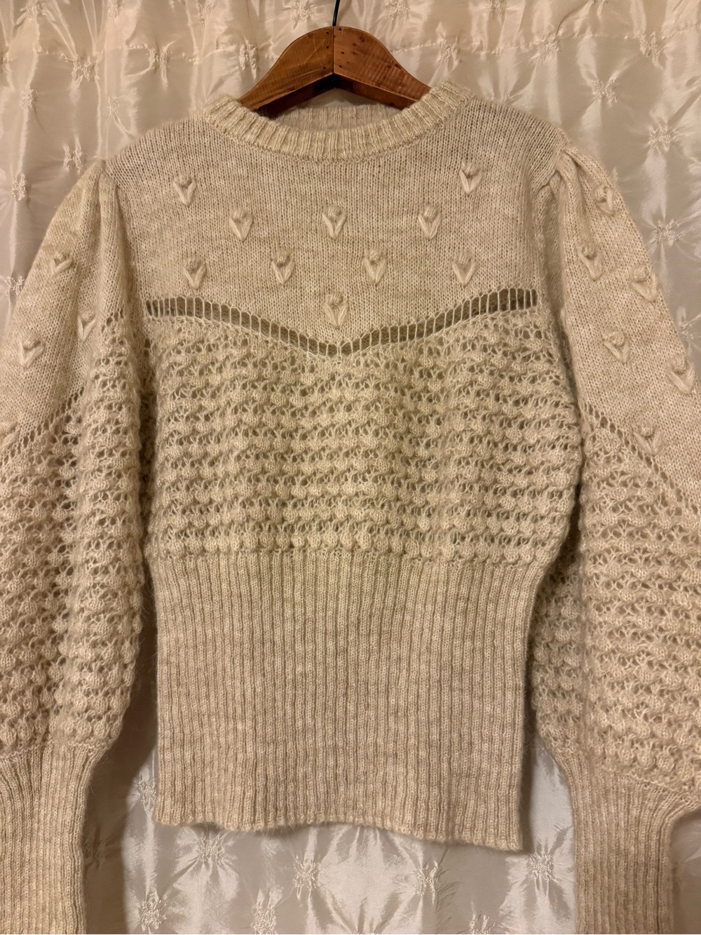 ROUJE Paris Sylvie Knit Jumper Sweater Cream Beige Oatmeal Pointelle Puff Sleeve - Picture 4 of 11